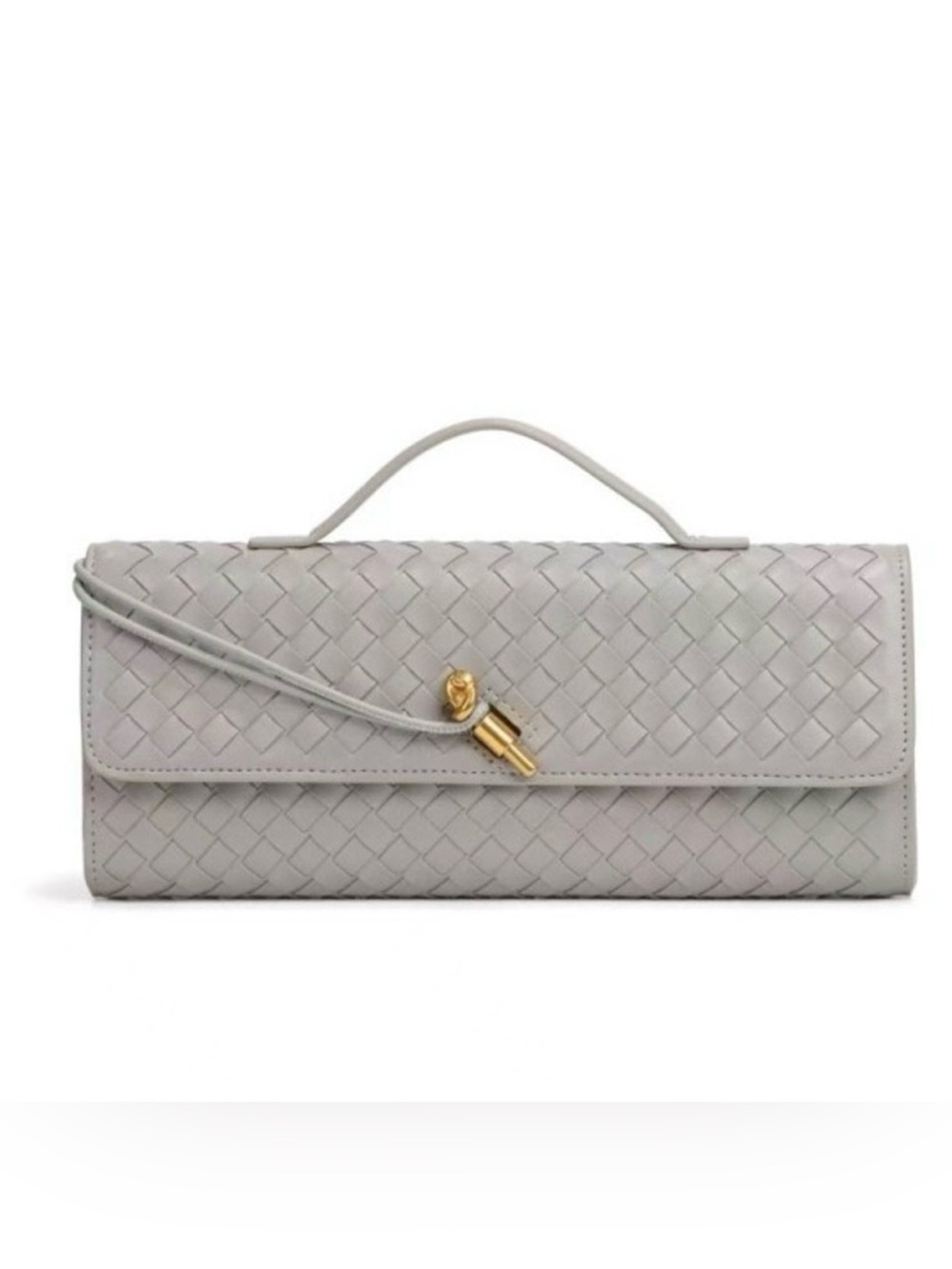 Woven Leather Top-Handle Clutch in Light Gray